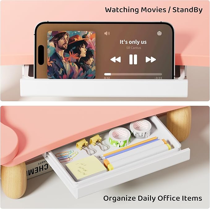 Dual Monitor Riser, Cookie-Shaped Adjustable Length & Swivel Angle, Wooden Desktop Organizer for 2 Monitors,Monitor Stand with Drawer for Laptop, PC, Computer, Printer,Pink