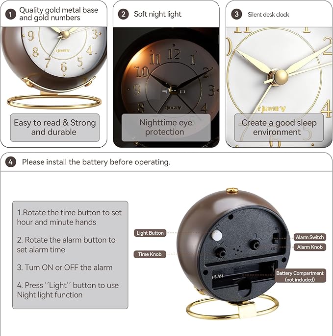 Metal Desk Alarm Clock, Retro Bedroom Table Vintage Analog Silent Non-Ticking Gold Alarm Clock, Bedside Decor(Coffee Brown)