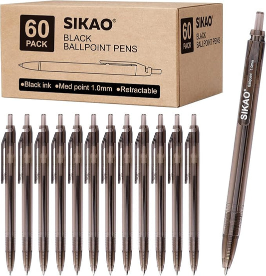 60 Pack Black Ballpoint Pens Bulk – Smooth Writing 1.0mm Click Pens with Black Ink & Black Translucent Barrel, Reliable Everyday Pens for Office, School, Home, Restaurant, Teachers & Students