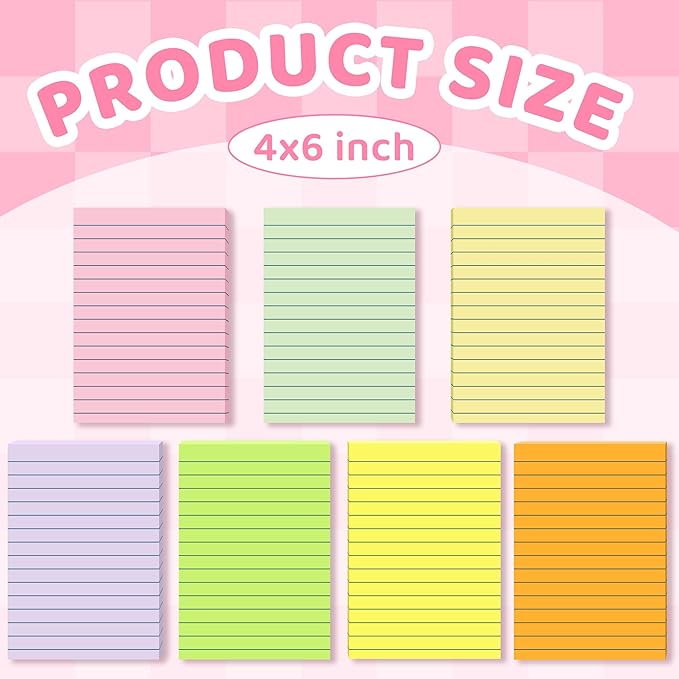 (15 Pads) Lined Sticky Notes 4x6 in Post, 7 Pastel Colors with Lines Self-Stick Note Pad it, Strong Adhesive, Big Rectangular Sticky Pads for Office, Home, School, Meeting