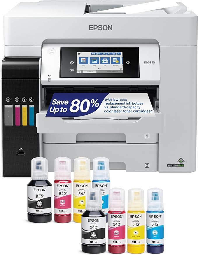 Epson EcoTank Pro ET-5850 Wireless Color All-in-One Supertank Printer with Scanner, Copier, Fax and Ethernet, White