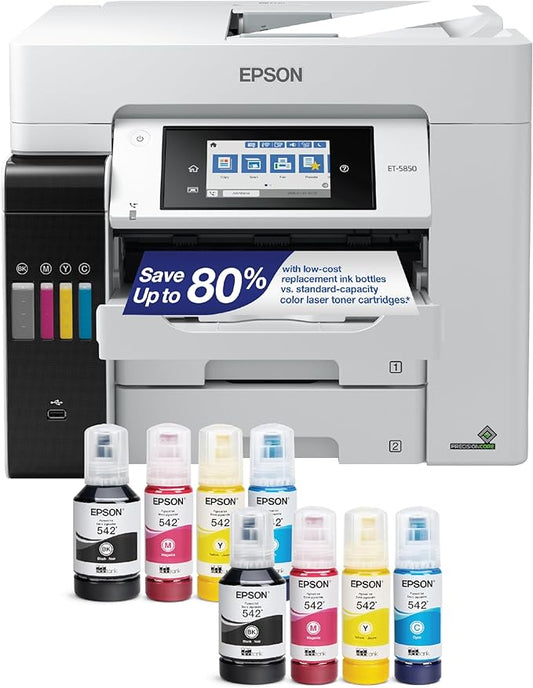 Epson EcoTank Pro ET-5850 Wireless Color All-in-One Supertank Printer with Scanner, Copier, Fax and Ethernet, White