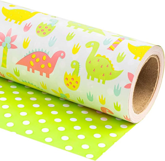 WRAPAHOLIC Reversible Wrapping Paper - Mini Roll - 17 Inch x 33 Feet - Dinosaur and Polka Dot Design for Kid's Birthday, Party, Baby Shower
