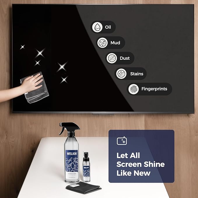 WELKIN Screen Cleaner Spray Kit (550ml + 60ml) - Cleaning Mist for TV, Laptop, Computer, Phone Touchscreen - 2 Sprayers，1 Microfiber Cloth & 1 Glass Wipe Included