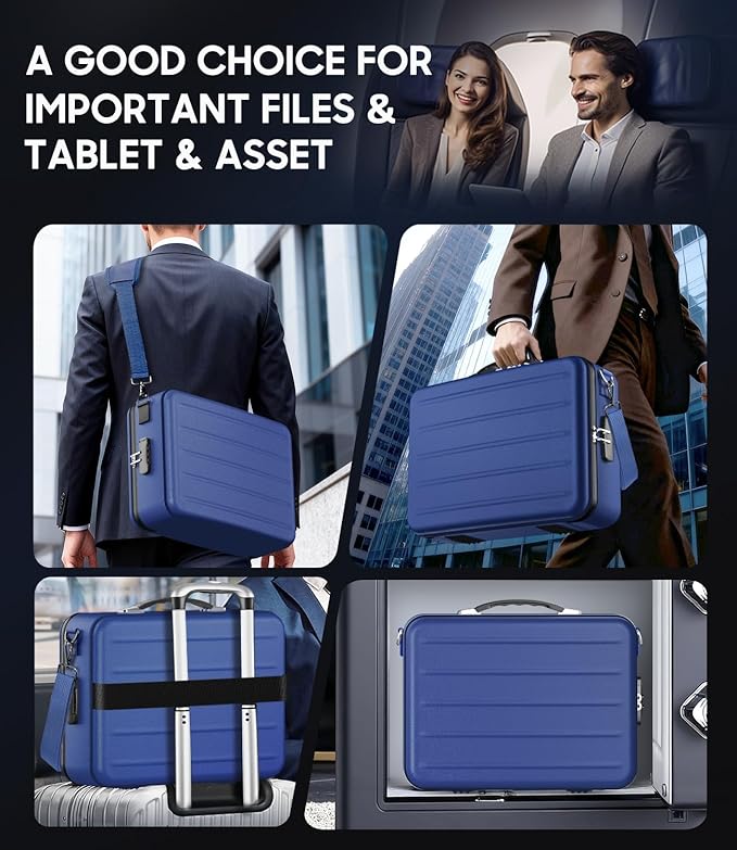 Fireproof Document Box with Lock, Hard-Shell Fireproof Safe for Home Documents, Portable Travel Fire Proof File Box for Passport Laptop Certificates, Navy Blue