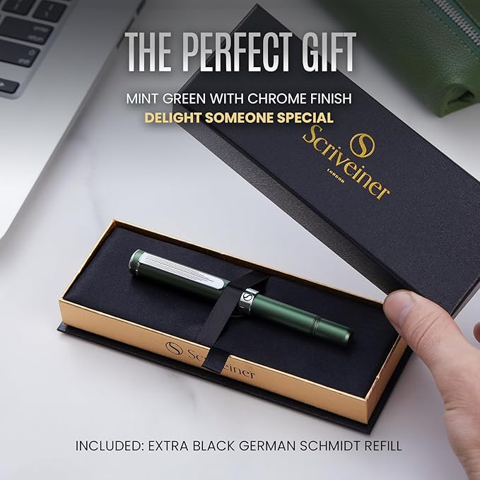 Scriveiner Personalized Green Rollerball Pen, Chrome Finish for Men & Women, Custom Engraving