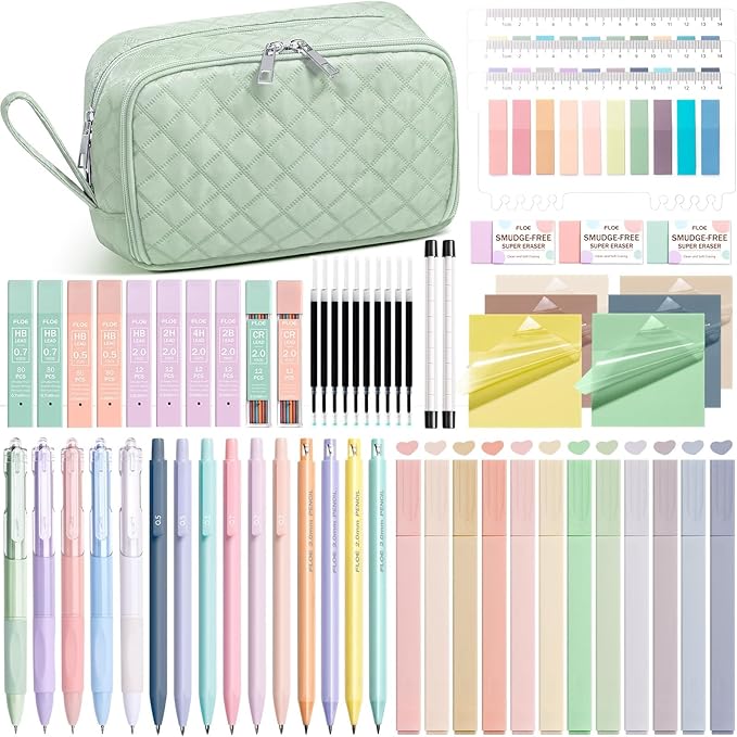 62PCS Aesthetic School Supplies with Cute Pencil Case, Pastel Highlighters Black Ink Gel Pens Mechanical Pencils Kit, Back to School Supplies College Essentials Preppy Stationary Set for Student Girls