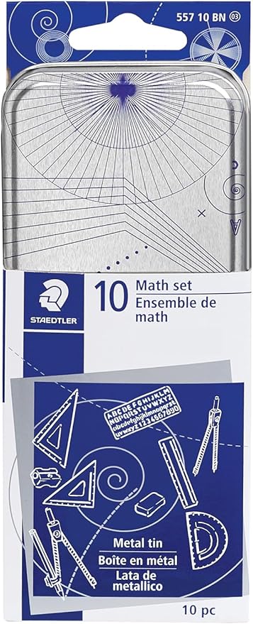 STAEDTLER 10-Piece Math Set with Metal Compass, 6" Ruler & Triangle Squares, 45° & 30/60° Set Squares, Alphabet Stencil - Measuring Tools