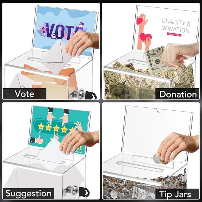 VOISEN Clear Donation Box with Lock,2 Pack Ballot Box with Sign Holder,Suggestion Box for Fundraising, Voting Box with Slot for School,Conference 6.2x4.6x3.9 Inch
