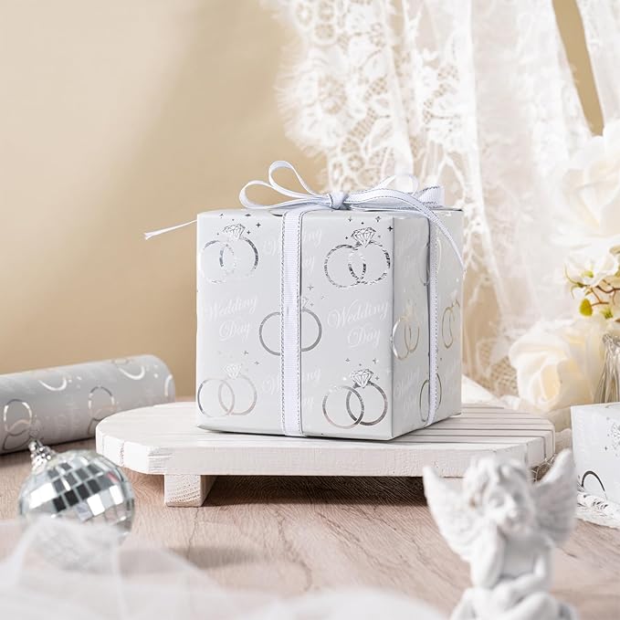 WRAPAHOLIC Wedding Wrapping Paper Roll - Mini Roll - 17 Inch x 33 Feet - Silver Foil Diamond Ring and Wedding Day Lettering Design Perfect for Wedding, Celebration, Party