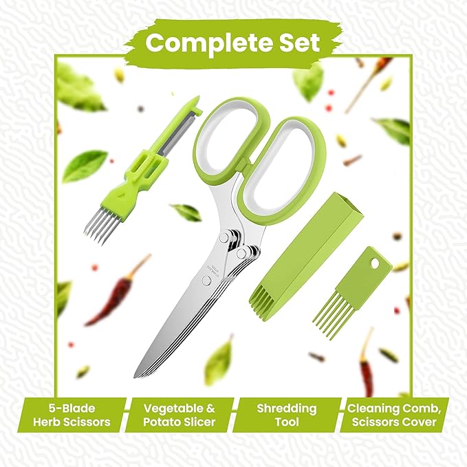 5-Blade Stainless Steel Herb Scissors Set with Vegetable Peeler, Shredder & Cleaning Comb – Multi-Use Herb Stripper for Chopping, Slicing, Shredding Kale and Fresh Herbs