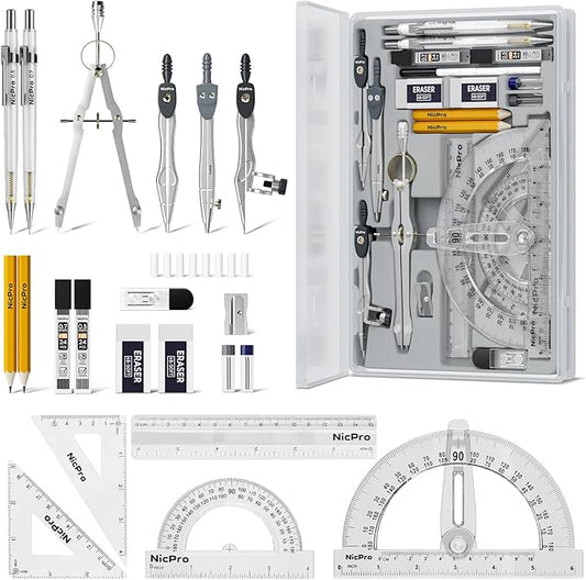 Nicpro 22 PCS Compass Geometry Tools with Case, Drafting Tools Geometry Set with Swing Arm Protractor, Rulers, Metal Compass, Square Set, Mechanical Pencil, Back to School Supplies for Students