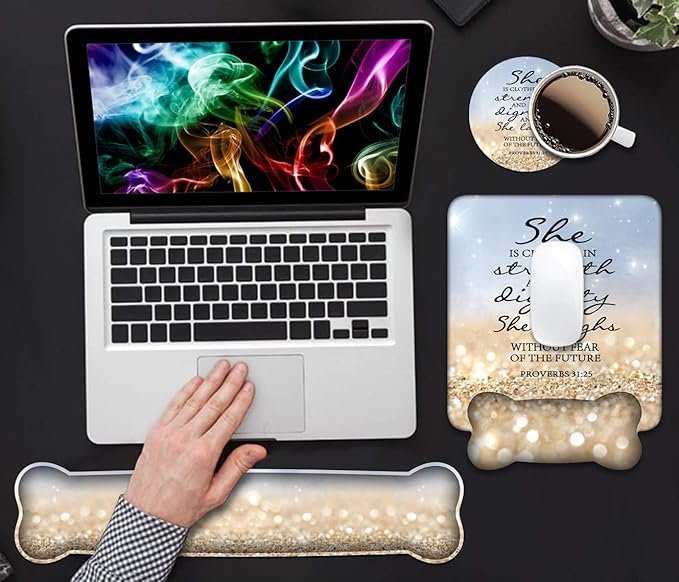 Wrist Rest Support Ergonomic Gel Mouse Pad & Memory Foam Keyboard Set, Non-Slip Rubber PU Base for Home Office Working Studying Easy Typing & Pain Relief - Bible Verses Proverbs 31:25