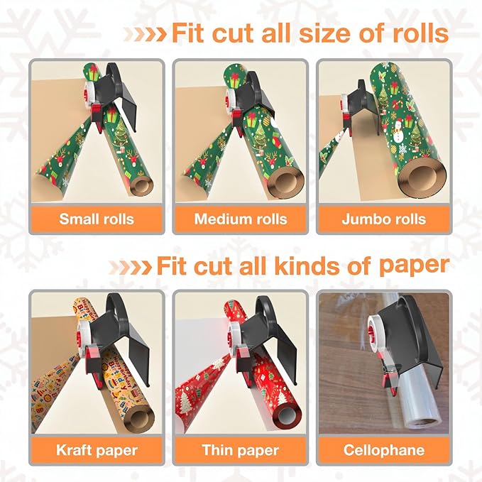 Wrapping Paper Cutter(2-Pack) & Tape Dispenser Dual Use with 4 Tapes for Christmas Gift Wrap Cutter Tool Paper Roll Holder Tube Sliding Slicing for Birthday Holiday.