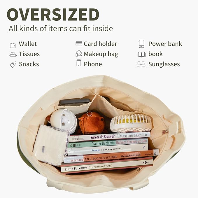 Large Canvas Tote Bag,White and Green, with Laptop Sleeve and Multiple Pockets