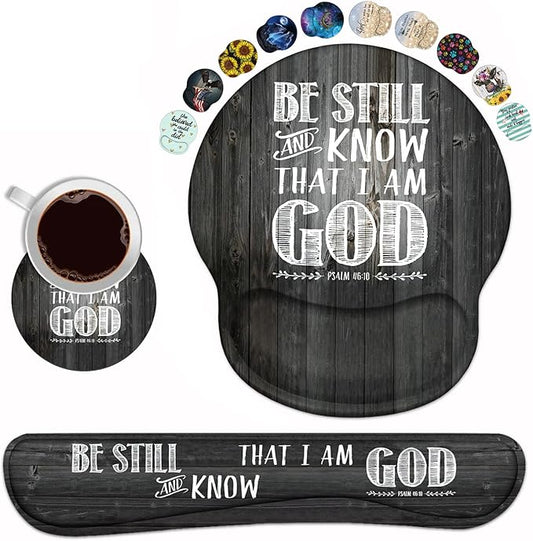 Keyboard Wrist Rest and Mouse Pad Wrist Support Set with Coasters, Ergonomic Gaming Mousepad Non-Slip PU Base for Home Office Working Studying Easy Typing & Pain Relief - Bible Verse Psalm 46:10