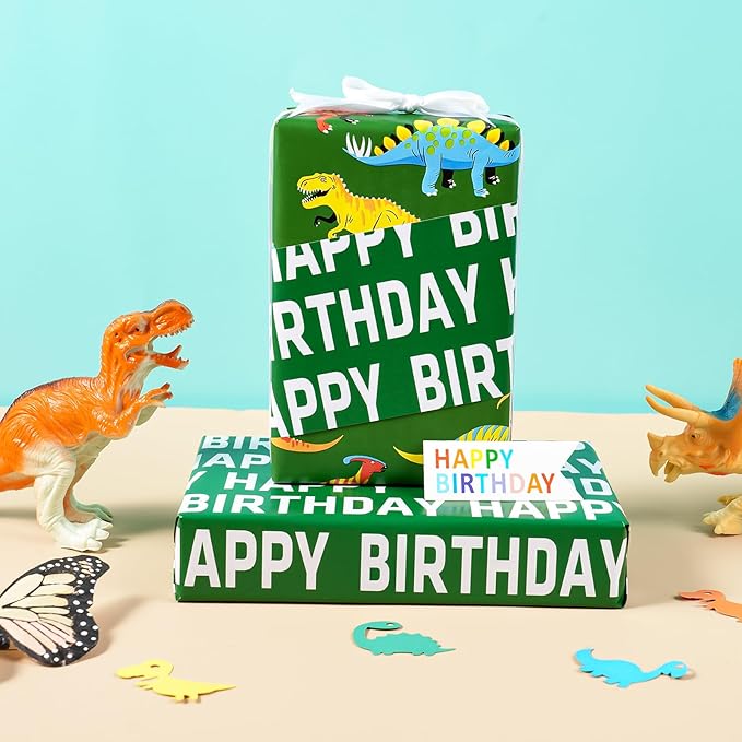 WRAPAHOLIC Reversible Dinosaur Wrapping Paper - Mini Roll - 17 Inch x 33 Feet - Green Dinosaur and Happy Birthday Wrapping Paper for Girl Kids Boy Birthday, Baby Shower