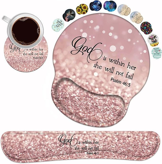 Keyboard Wrist Rest and Mouse Pad Wrist Support Set with Coasters, Quote Bible Verse Psalm 46:5 Wrist Mouse Pad with Non-Slip PU Base for Home Office Working Studying Easy Typing & Pain Relief
