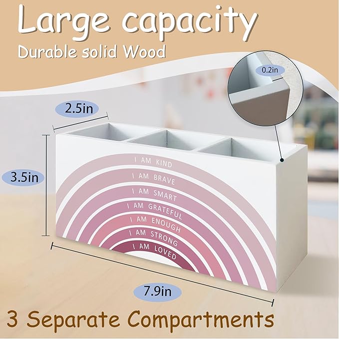 Pink Boho Rainbow Positive Affirmations Pen Pencil Holder for School Classroom Office Desk, Book Center Calming Corner Playroom Decor, Inspirational Makeup Brush Toothbrush Holder Organizer