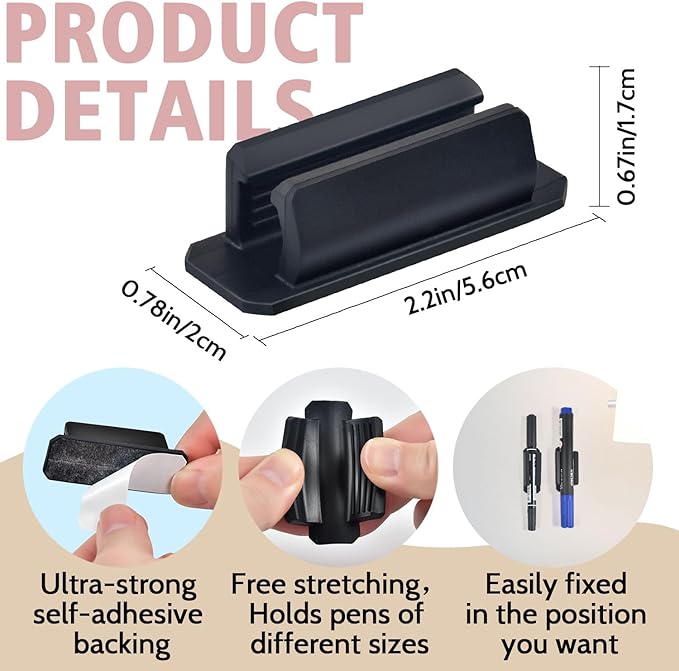 20 Pack Pen Holder Silicone,Adhesive Pen Holder for Desk,Marker Clip for Classroom Office Desk Accessories, Pencil Holder with 20 Double Sided Extra Sticky Tape (Red)