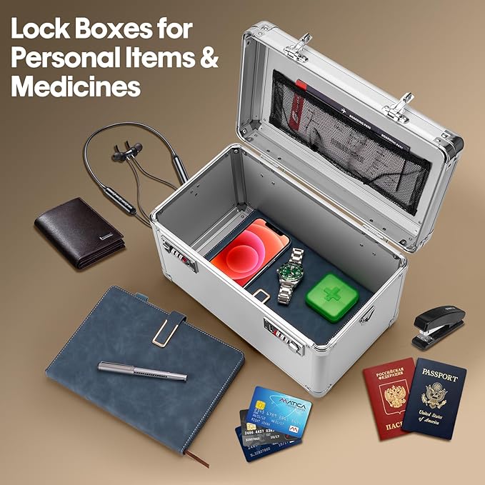 Large Lock Box - Security Combination Lock Box, Locking Storage Case for Personal Items and Medicine, Childproof Lockable Lockbox for Home/Office/School, 15.1x9.4x8.7 Inch, Silver