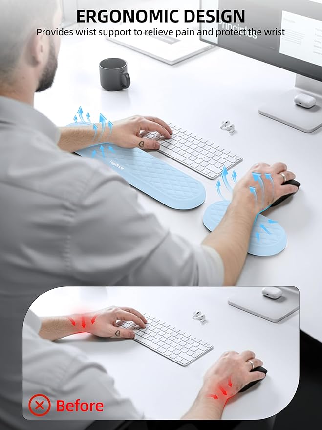 TopMade Upgraded Wider Wrist Rest Set, Soft Memory Foam Keyboard Hand Rest Pad, Computer Ergonomic Keyboard Mouse Wrist Support for Typing Pain Relief, Comfort for Office, Gaming, Study, White Ice