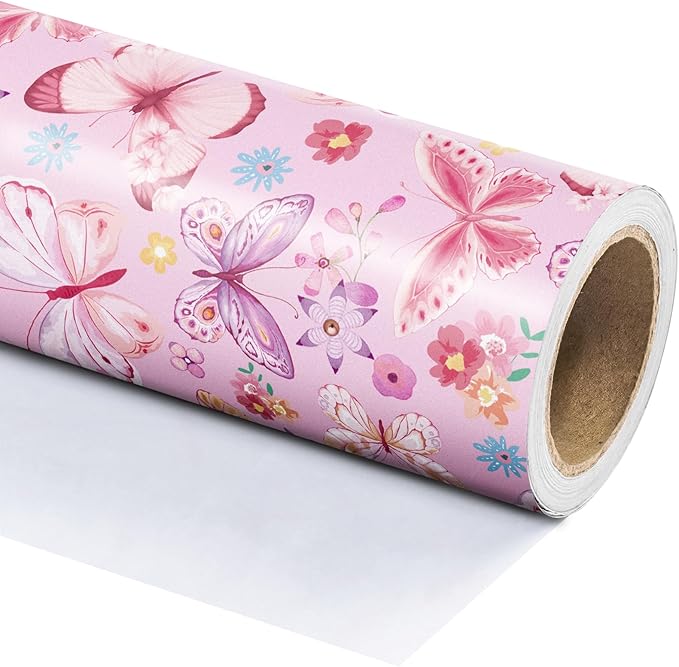 WRAPAHOLIC Pink Butterfly Wrapping Paper Roll - Mini Roll - 17 Inch x 33 Feet - Fantasy Floral Butterfly Design, Perfect for Birthday, Wedding, Bridal Shower