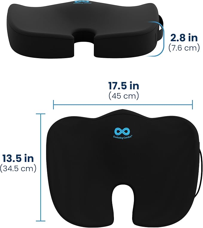 Everlasting Comfort Doctor Recommended Memory Foam Seat Cushion for Office Chairs & Car - Ergonomic Office Desk Accessories - Cushions for Tailbone Pain Relief, Sciatica (Black Cooling, Large)