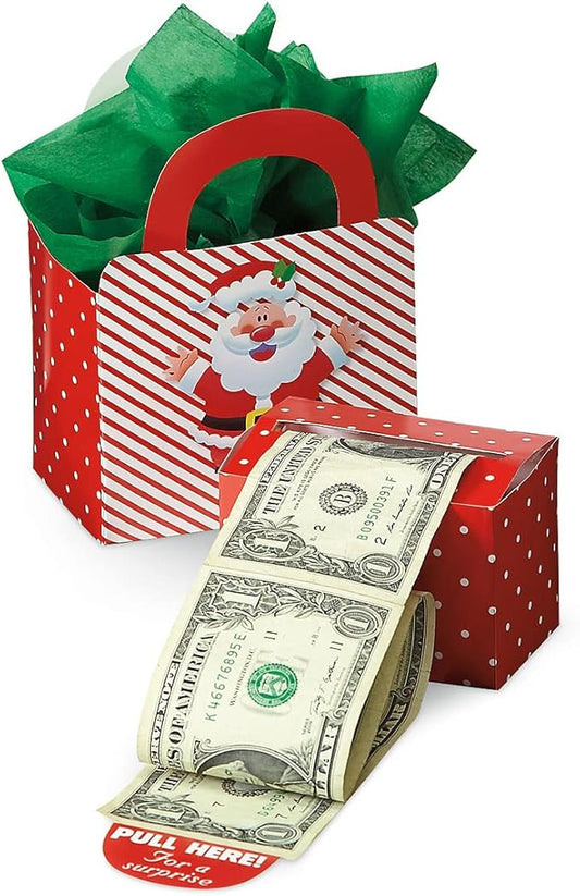 Current Happy Santa Christmas Money Dispenser and Gift Bag Set, 2-1/2 x 3-Inch Bill Holders With 3 x 6-1/2 x 9-Inch Gift Bag, Fun Holiday Cash Box for Kids, Includes 60 Seals to Join Each Bill