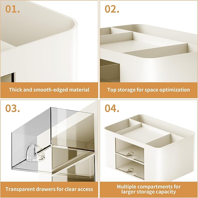 Marbrasse Pen Organizer with 2 Drawer, Multi-Functional Pencil Holder for Desk, Desk Organizers and Accessories with 5 Compartments + Drawer for Office Art Supplies (Beige)