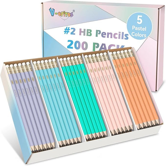 V-Opitos 200 Pack #2 HB Pencils, Bulk Wood-Cased Pre-Sharpened Pastel Color Pencils with Top Erasers, School Teacher Supplies, Writing, Drawing and Sketching