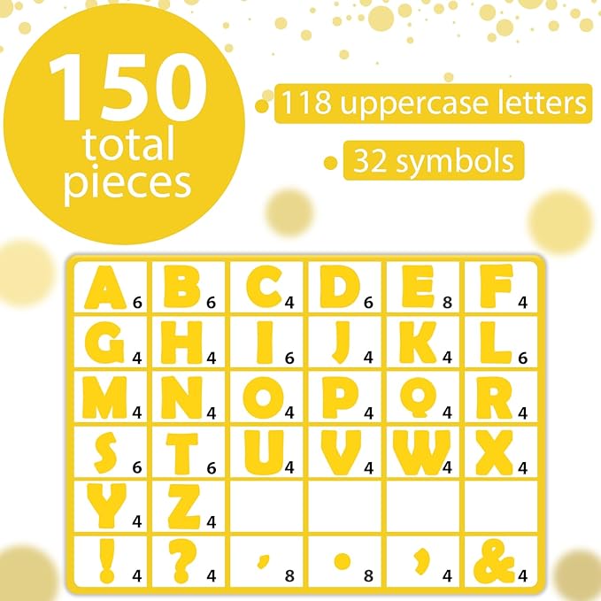 Qyeahkj 150 PCS Large 6" Font Bulletin Board Letters Pure Yellow Punctuation Cutouts Combo Set Letters Border Decoration for Classroom Alphabet Poster Wall Bulletin Board Display Home School Decor