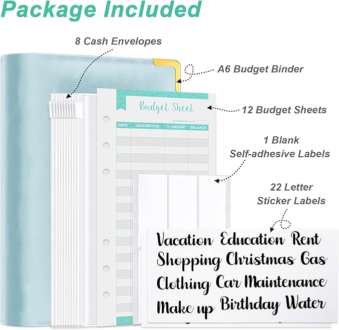 Rnivvi Budget Binder with Zipper Envelopes, A6 Money Saving Binder Cash Envelopes for Budgeting, PU Leather Planner Money Organizer for Cash Stuffing Planning, Cute System Wallet for Women Men, Blue