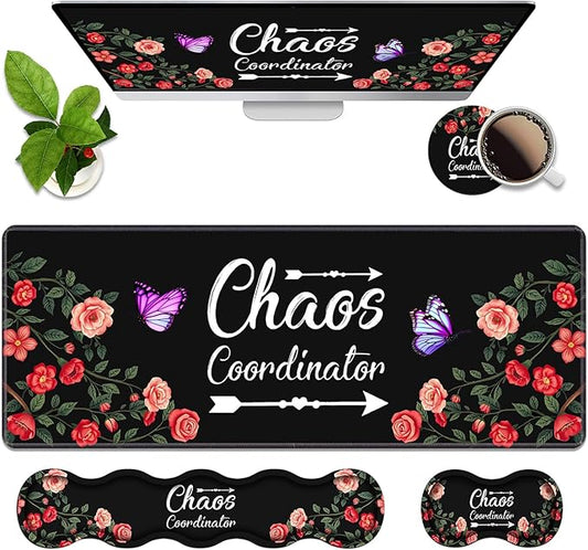 4 in 1 Ergonomic Memory Foam Mouse Pad Wrist Rest Set, Large Gaming Desk Pad + Keyboard Wrist Rest + Mouse Wrist Cushion + Coaster for Home Office Study Gaming, Colored Floral Quote Chaos Coordinator