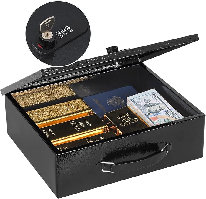 KYODOLED Fireproof Lock Box for Documents, Dual Combination and Key Lock Security with Carrying Handle, Metal Strong Safe Box to Keep Personal Items, Documents, Exterior 13.2''x 11''x4.13'', Black