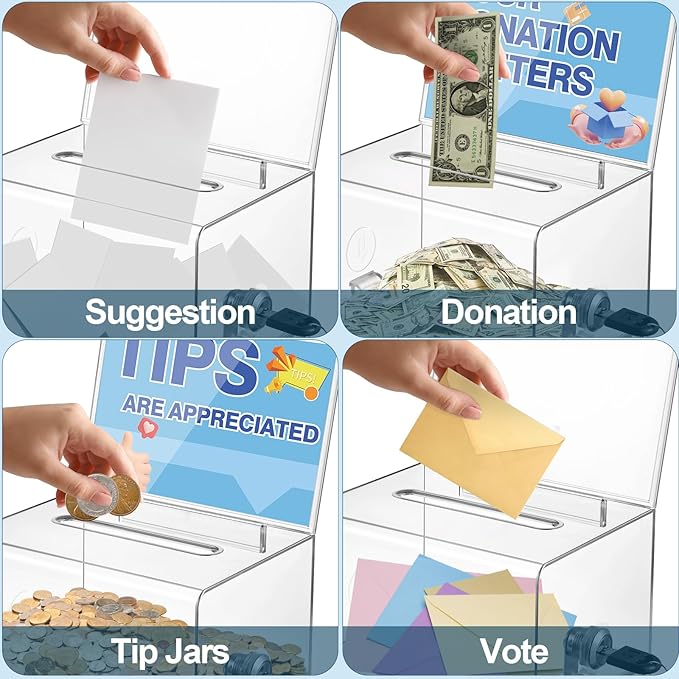 Polmart Clear Donation Box with Lock - Secure Ballot Box with Removable Sign Holder 2 Keys - for Money, Cards, Votes, Tickets, Feedback Collection (4.75"D x 6.29"W x 8"H)