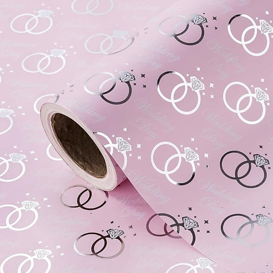 WRAPAHOLIC Wedding Wrapping Paper Roll - Mini Roll - 17 Inch x 16.5 Feet - Pink and Silver Foil Ring Design, Perfect for Wedding, Bridal Shower, Birthday
