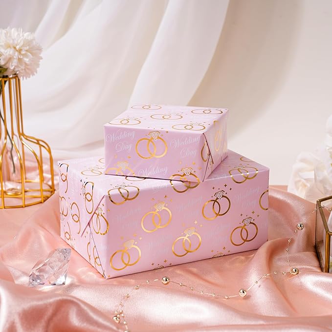 WRAPAHOLIC Wedding Wrapping Paper Roll - Mini Roll - 17 Inch x 16.5 Feet - Pink Gold Foil Ring Design, Perfect for Wedding, Bridal Shower, Birthday