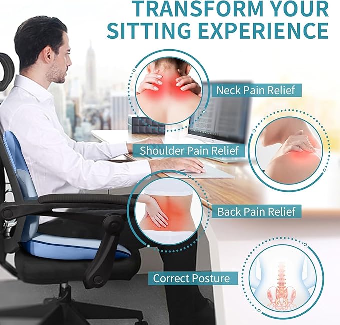 FLORICH Seat Cushion and Lumbar Support Pillow for Office Chair Car Neck Headrest Pillow 100% Memory Foam Seat Pads Pressure Relief Back Cushion and Carseat Pads(Blue)