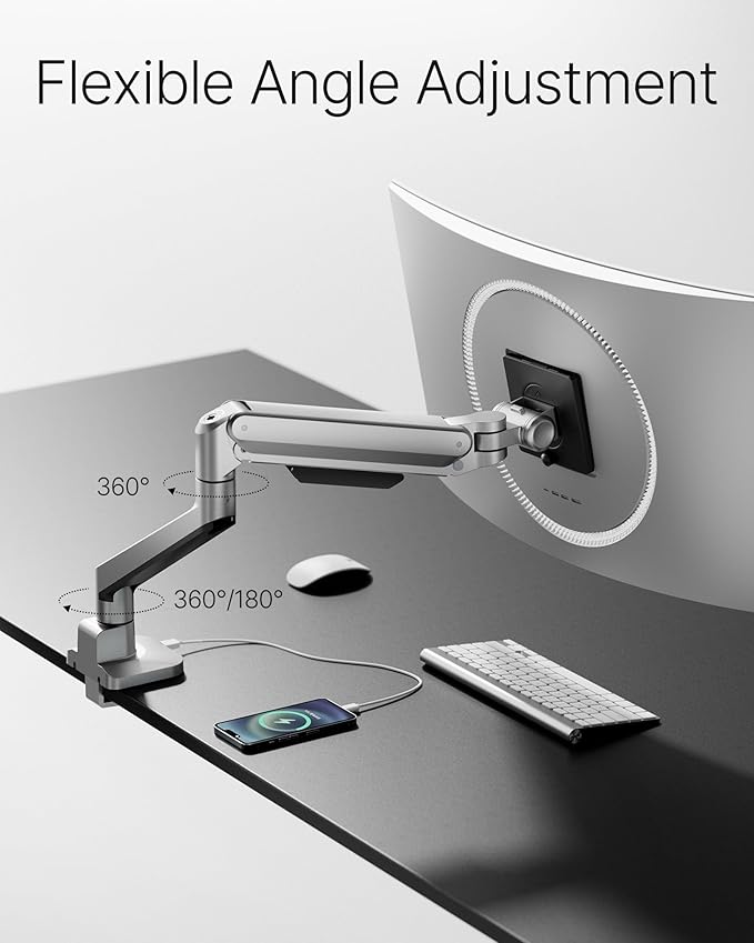 monTEK Deluxe Aluminum Monitor Arm with USB A/C for 17 to 40 Inch Curved Screens Fully Adjustable Single Monitor Arm with Clamp/Grommet, Quick Release Plate, Cable Management, VESA 75/100, MA1008UCSL