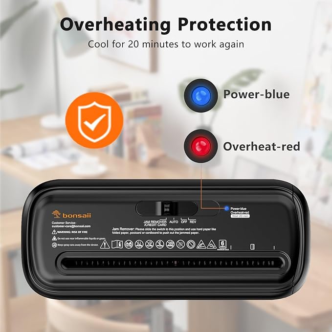 Bonsaii 6-Sheet Paper Shredder for Home Office, Portable Compact Design with Extendable Handle & Overheat Protection, 2.4 Gal Wastebasket