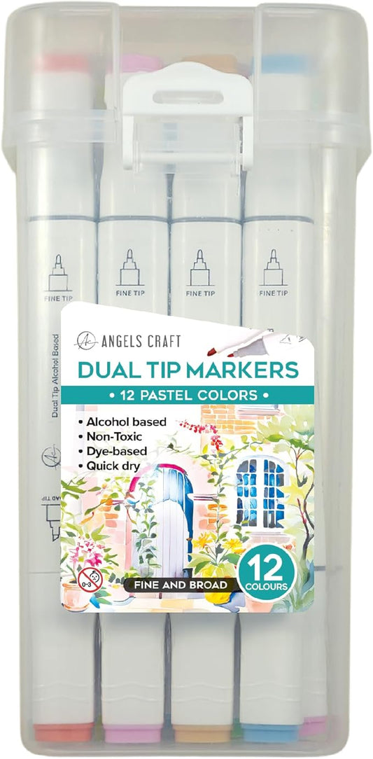 12-Piece Set of Alcohol Dual Tip Markers in Soft Pastel Colors with Reusable Storage Case Sketch Pen for Coloring Drawing Artist Art Supplies