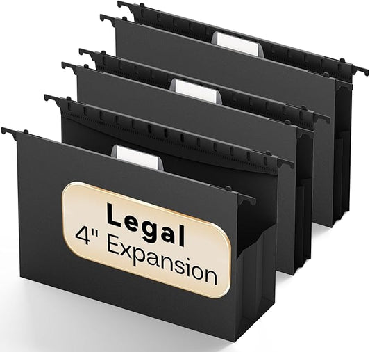 Extra Capacity Legal Size Plastic Hanging File Folders,Reinforced 4" Black Expanding Pocket Files,6 Pack Legal Hanging Folders for Filing Cabinet,Expandable Hang Folder with tabs,for School