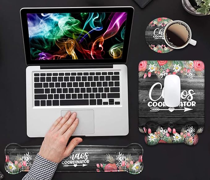 Keyboard Wrist Rest & Mouse Pad Wrist Support Set, Chaos Coordinator Quotes Colored Floral Wreath Print Design Non-Slip Rubber PU Base for Home Office Working Studying Easy Typing & Pain Relief