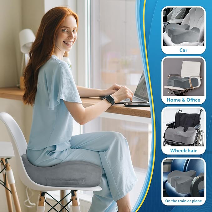 BlissTrends Seat Cushion,5.2in Thick Memory Foam Cushions for Office Chair, Car Seat, Airplane, Relieving Pressure Tailbone Sciatica Back Pain for Long Sitting Office Workers, Car Drivers LightGrey