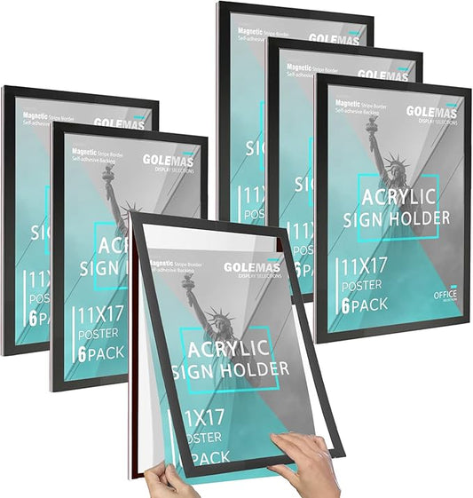 Acrylic Magnetic Sign Holder, Easy-Opening 11 x 17 Wall Mount Display Frames, Self Adhesive Back Plastic Clear Document Frame, Horizontal & Vertical Display (Black, 6Pack)