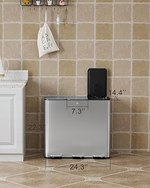 GarveeHome Trash Can 60 L/15.9 gal, Three Compartments Pedal Kitchen Recycling Trash Bin with Lids,Stainless Steel Garbage Can for Home Office Restaurant School Hospital