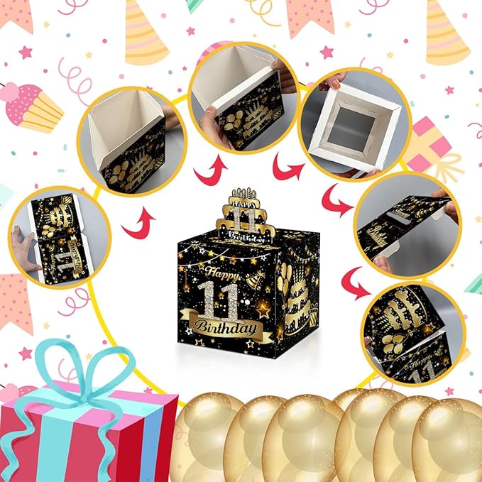 Toerifer 11th Birthday Money Box for Cash, Black/Gold, Unisex, One Size, 5x5x0.1 inches, Pull, Explosion Gift, Party Decor, Includes 35 Bags, Card, Tape, Glue Dots