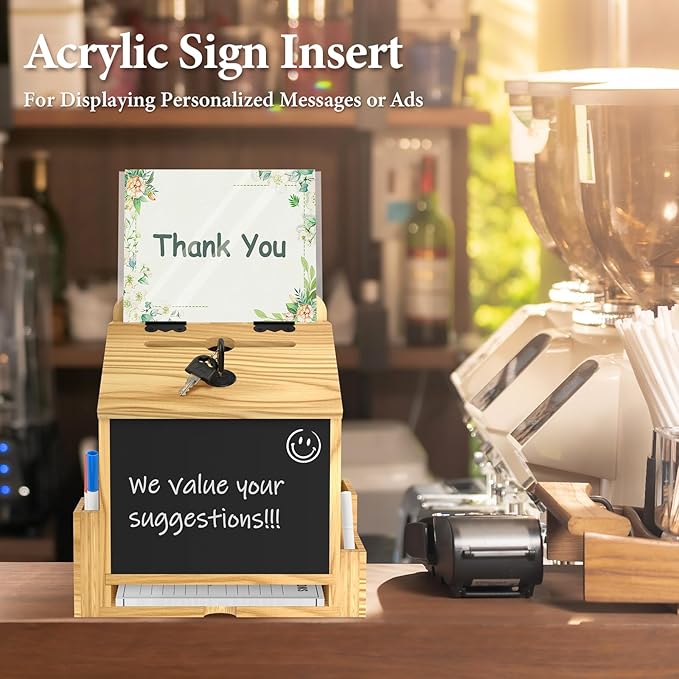Suggestion Box With 50 Cards, Wooden Prayer Boxes Donation Box with Acrylic Sign Holder and Tools, Mutilple-use for Tip, Savings,Ballot. Home Wall Mounted Cash Boxes Letter Box with Lock