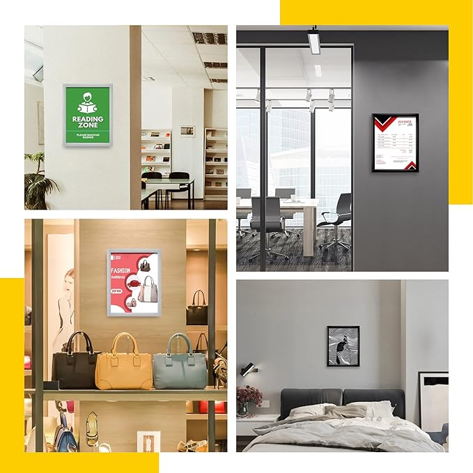 Acrylic Magnetic Sign Holder, Easy-Opening 8.5 x 11 Wall Mount Display Frames, Self Adhesive Back Plastic Clear Document Frame, Horizontal & Vertical Display (Black, 6Pack)